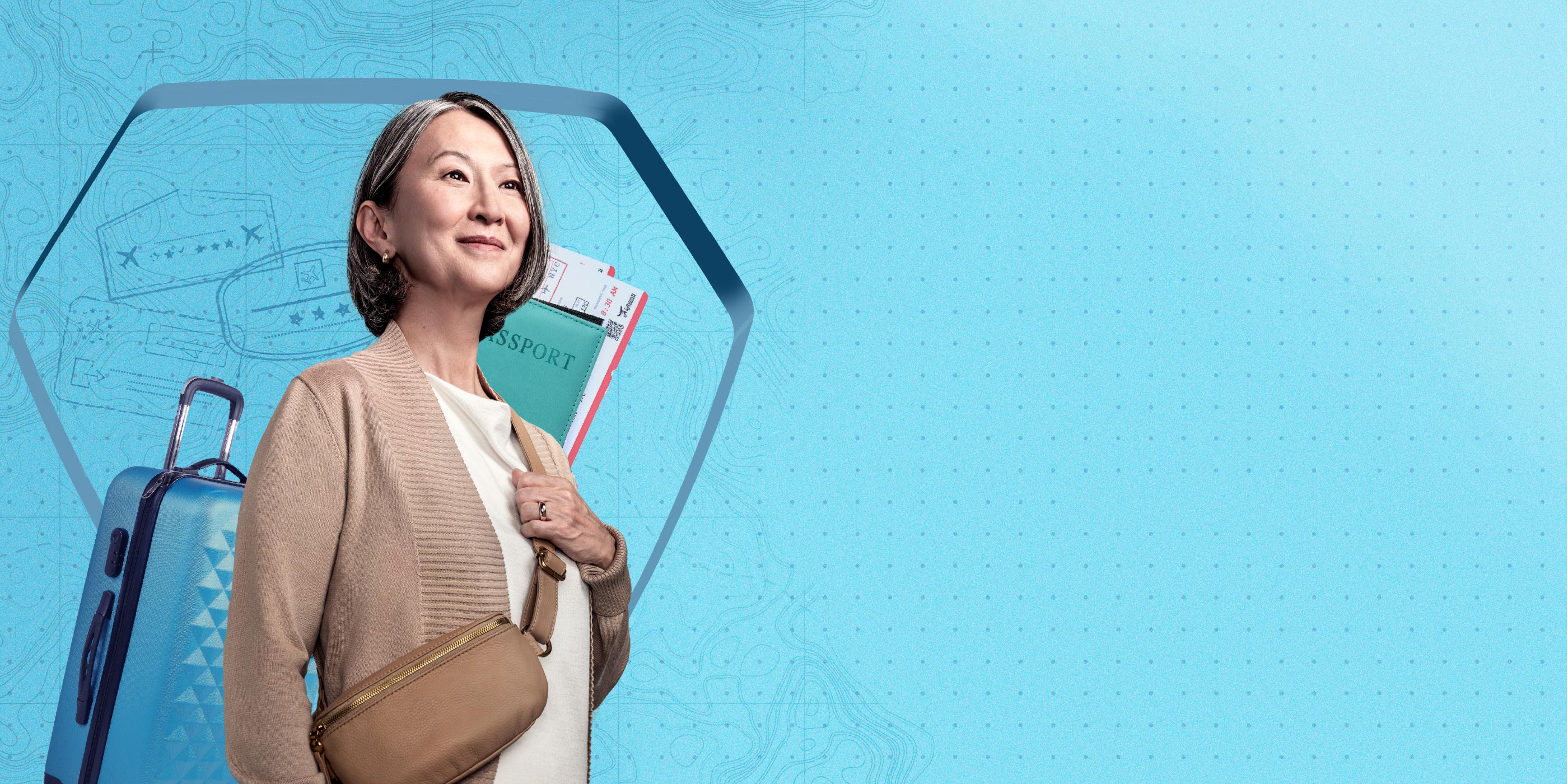 Woman with sling bag & travel items behind her